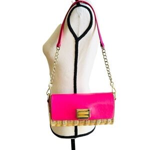 Talbots Bag Pink Leather and Tan Wicker Shoulder Clutch Goldtone Hardware